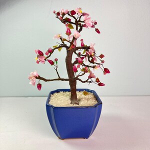 May include: A miniature bonsai tree with pink and red blossoms and buds. The tree is planted in a blue, octagonal ceramic pot filled with small white stones. The trunk is brown, and the branches are thin and dark.