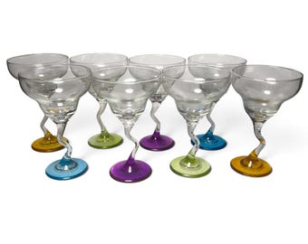 Vintage Set of 8 Libbey Z Stem Margarita Glasses Multicolor Postmodern 1980s