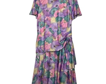 Vintage 80s Glenfrey Fashions Pastel Drape Dress Drop Waist Rosette Accent