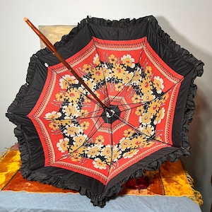 Vintage 70 Nylon Ruffle Edge Large Umbrella 37 Inches Wide Carved Wood Handle
