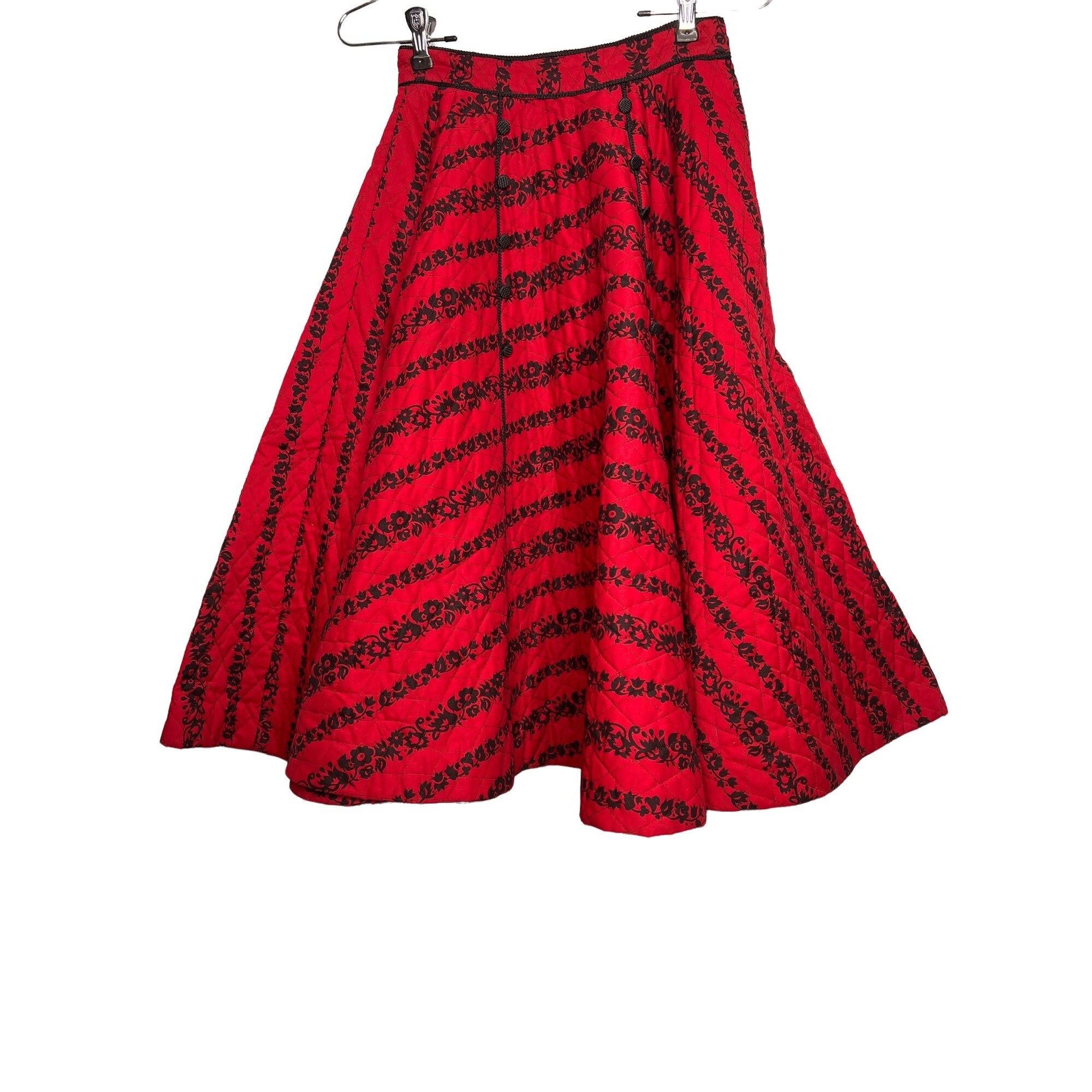 Vintage 50s Ilene Ricky Quilted Circle Skirt Red Black Braid