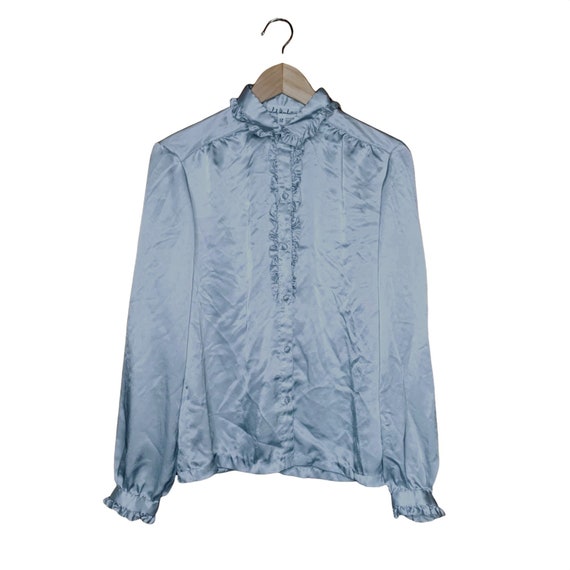 Vintage 70s Ruffle Front Satin Blouse Pearl Gray … - image 1