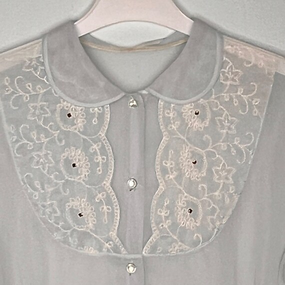 Vintage 40s 50s Sheer Blouse Lace Yoke Rhinestone… - image 4