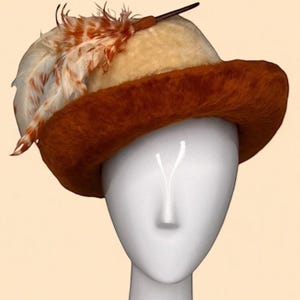 Vintage 60s 2 Tone White Rust Brown Breton Pinched Crown Fedora Hat Mod Bellini