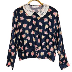 Vintage Chaus 14 Cottage Floral Top Lace Peter Pan Collar Shirtwaist Buttons