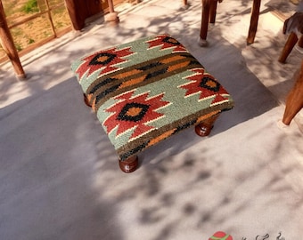 Handwoven Kilim Ottoman Footstool – Boho Tribal Wooden Pouf, India Accent Bench