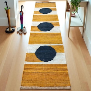 Tapete de escada com círculos amarelos e pretos em juta, tecido à mão em cânhamo natural, tamanho personalizado.