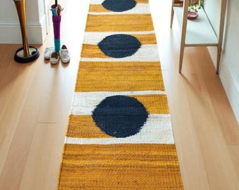 Yellow Black Circle Jute Stair Runner Rug, Handwoven Natural Hemp, Custom Size