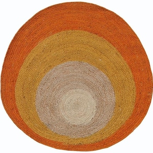 Round Jute Rug, Braided Orange and Natural Concentric Design