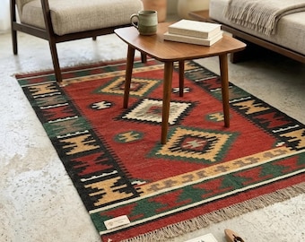 Handwoven Wool Jute Kilim Rug, Rajasthani Dhurrie, Bohemian Area Rug, Custom Size