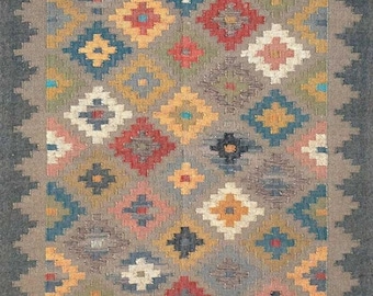 Handwoven Kilim Rug, Boho Area Rug, Geometric Tribal Carpet, Southwestern Accent Rug, Rustic Farmhouse Floor Decor