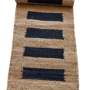 Natural and  black box pattern hemp Jute  Runner ,Handmade Hemp Jute Runner and Jute area rug with black strip Pattern ,stair runner