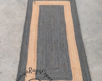 Braided Handmade Natural Jute and black  Rectangle  Rug Eco Friendly Pure Vegan Living Room Jute rug area rug