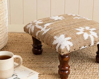 Handwoven Jute cotton  Footstool, Boho Pouf Ottoman, Rustic Wooden Leg Stool, Farmhouse Decor Footrest, Natural Fiber Upholstered Bench Seat