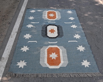 Handwoven Wool Jute Kilim Rug, Geometric Boho Flatweave Carpet, Scandinavian Style Home Decor