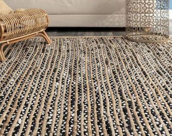 Braided Handmade Natural Jute with black  Color  chindi Rectangle  Rug Eco Friendly Pure Vegan