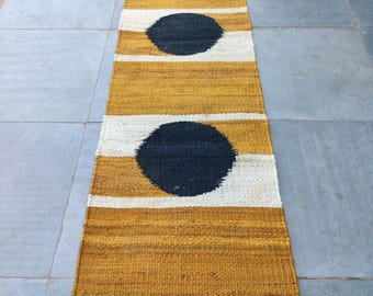 Handwoven hemp Jute Runner Rug: Yellow, White & Black Circle Design