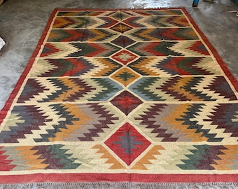 Handwoven Kilim Rug Wool & Jute Dhurrie – Traditional Indian Handmade Colorful Floor Decor Carpet