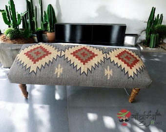 Handgefertigte Indische Kelim Teppich Klavierbank - Gepolsterte Wolle Jute Ottomane Sitz, Stilvoller Akzent & Perfekte Housewarming Geschenk