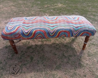 Handmade Kilim Upholstered Wooden Bench, Wool Jute Fabric Ottoman, Entryway Furniture