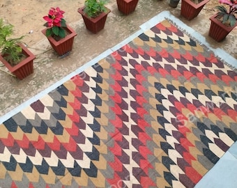 Handwoven Wool Jute Kilim Rug | Geometric Indian Dhurrie, Bohemian Area Rug