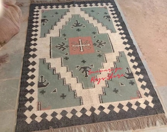 Kilim Rug, Handwoven, Wool and Jute Rug Handmade, Kilim Dhurrie Rug, Traditional Indian/WOOL JUTE RUGS