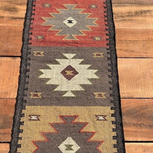 Kilim Rug Runner, Handwoven Wool-Jute Geometric Design for High Traffic Areas