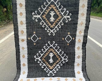 Handgewebter Jute-Baumwoll-Teppich, Boho-Geometrie, Schwarz-Weiß, Natürlicher Akzentbereich