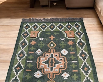Handwoven Wool Jute Kilim Rug, Traditional Indian Geometric Motifs, Tribal Area Floor Decor