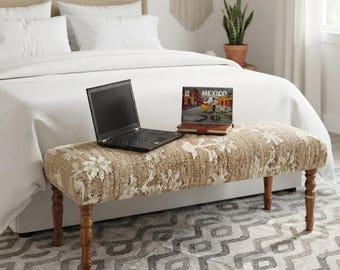 Handmade Wool Jute Upholstered Wooden Bench, Acacia Entryway Furniture