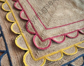 Alfombra de yute trenzada a mano con festones: alfombra de fibra natural