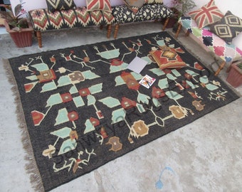 Wool Jute Kilim Rug, Handwoven Indian Dhurrie, Custom Size Traditional Area Carpet