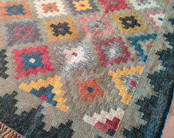 May include: A colorful rug with a geometric pattern in shades of red, blue, yellow, and green. The rug has a dark blue border and a fringe edge.