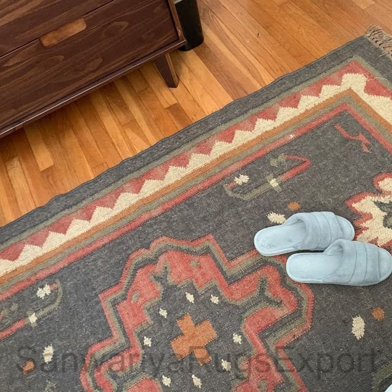 Kilim Rug Handwoven Wool & Jute Dhurrie, Traditional Indian Area Rug, Durable Handmade Floor Decor, Boho Bohemian Accent Carpet image 5
