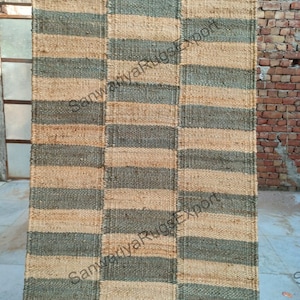 Natural and grey box pattern  Jute  Runner rug Eco Friendly Pure Vegan,Hemp jute Runner,Stair Runner,Custome size available,stair  runner