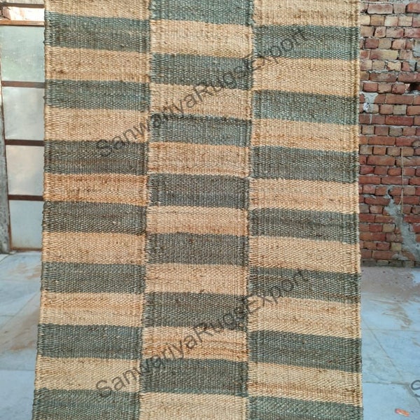 Natural and grey box pattern  Jute  Runner rug Eco Friendly Pure Vegan,Hemp jute Runner,Stair Runner,Custome size available,stair  runner