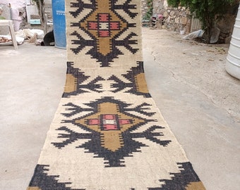 Kilim runner Handgeweven Wol Jute Rug Handgemaakte Kilim Dhurrie Rug, Motieven Oosterse Traditionele Indiase Geometrische Turkse Home decor