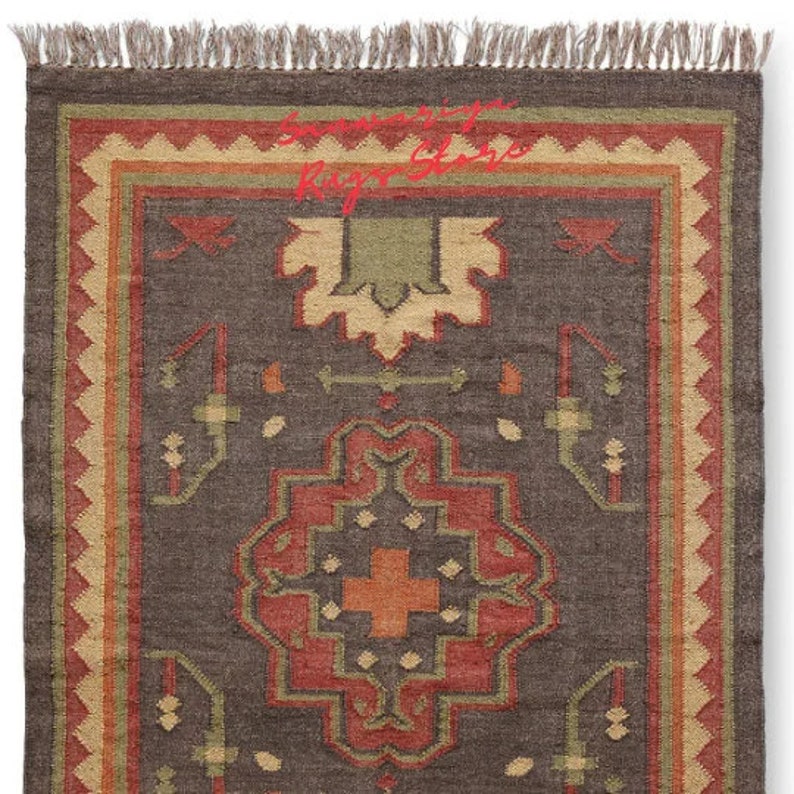 Kilim Rug Handwoven Wool & Jute Dhurrie, Traditional Indian Area Rug, Durable Handmade Floor Decor, Boho Bohemian Accent Carpet image 4