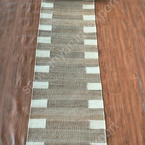 Natural and Off white Jute  Aisle Runner ,Hemp Jute Runner and Jute area rug with Off white line Pattern   Stair Rug, Jute Table Runner