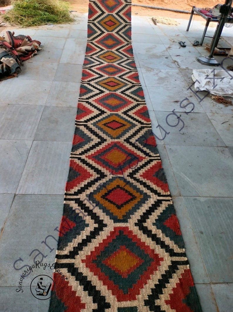 Kilim runner alfombra de yute de lana tejida a mano alfombra Kilim Dhurrie hecha a mano, motivos orientales tradicionales indios geométricos turcos decoración del hogar imagen 2