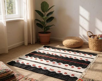 Handgewebter Jute-Baumwoll-Teppich, Boho-geometrischer schwarzer Natur-Akzent