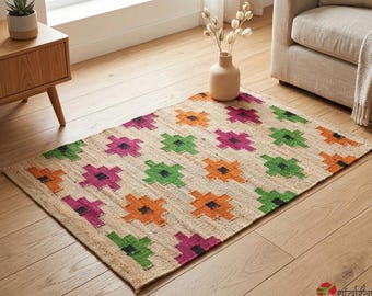 Natural Jute Area Rug, Colorful Tribal Geometric Pattern Jute rug, Handcrafted Bohemian Doormat