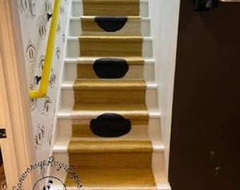 Yellow Black Circle Jute Stair Runner Rug, Handwoven Natural Hemp, Custom Size