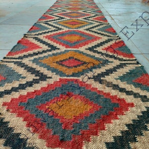 Kilim runner alfombra de yute de lana tejida a mano alfombra Kilim Dhurrie hecha a mano, motivos orientales tradicionales indios geométricos turcos decoración del hogar imagen 6
