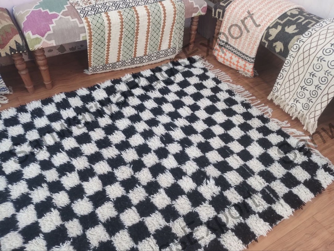 Bohemian Black and White Checkered Rug Handmade Carpet Moroccan Hallway Teppich Area Wool Shaggy