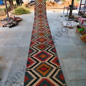 Kilim runner alfombra de yute de lana tejida a mano alfombra Kilim Dhurrie hecha a mano, motivos orientales tradicionales indios geométricos turcos decoración del hogar imagen 3