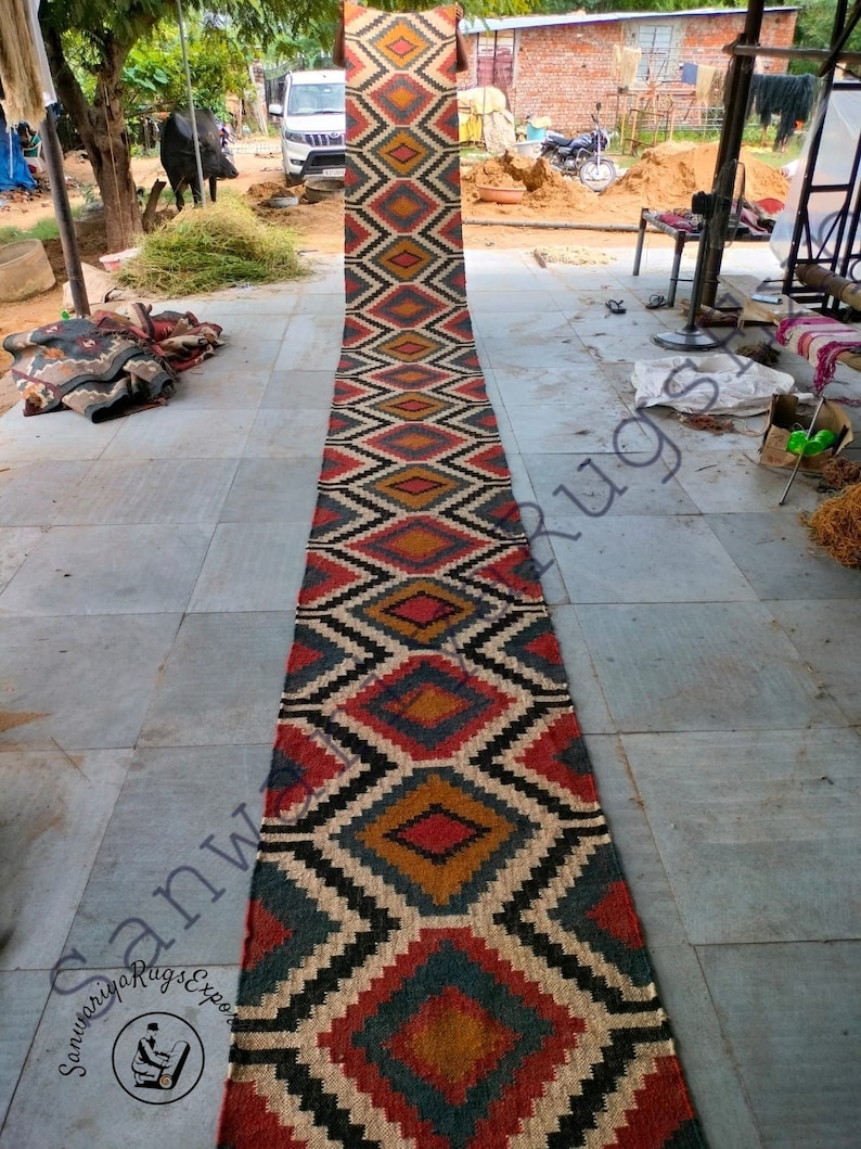 Kilim runner alfombra de yute de lana tejida a mano alfombra Kilim Dhurrie hecha a mano, motivos orientales tradicionales indios geométricos turcos decoración del hogar imagen 3
