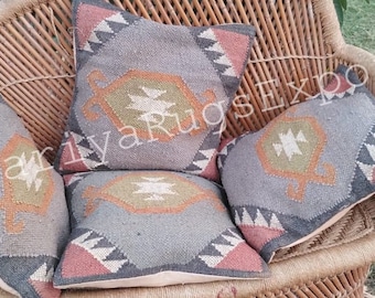 4 Set of Vintage Kilim Pillow, Home Decor, Handwoven Turkish Kilim Pillow, Bohemian Pillow, Decorative Throw Pillow, Kilim Cushion Cover