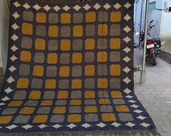 Großflächiger Kelim Teppich, Handgewebter, Woll- und Juteteppich Handgemacht, Kilim Dhurrie Teppich, Traditioneller Indischer Jute Teppich