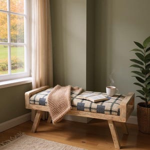 Handgemaakte opklapbare Kilim-bank | Teakhouten frame, vintage Turks tapijt als zitting